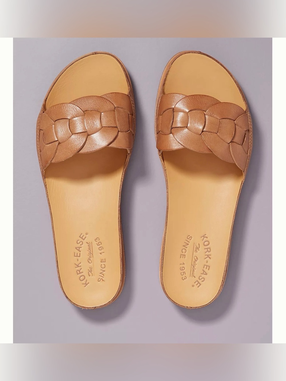 Kork-Ease Dolphin Braided Tan Leather Slide Sandals in Size 7M